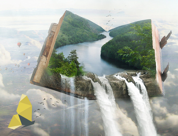 This is a symbolic representation of a healthy, well-functioning natural system. It depicts an old, heavy book floating in the clouds. Instead of words, the pages of the book depict a beautiful ecosystem with a river surrounded by lush forest at its centre. The bottom edge of the book is a waterfall, and the waters of the river flow beyond the edge of the picture.