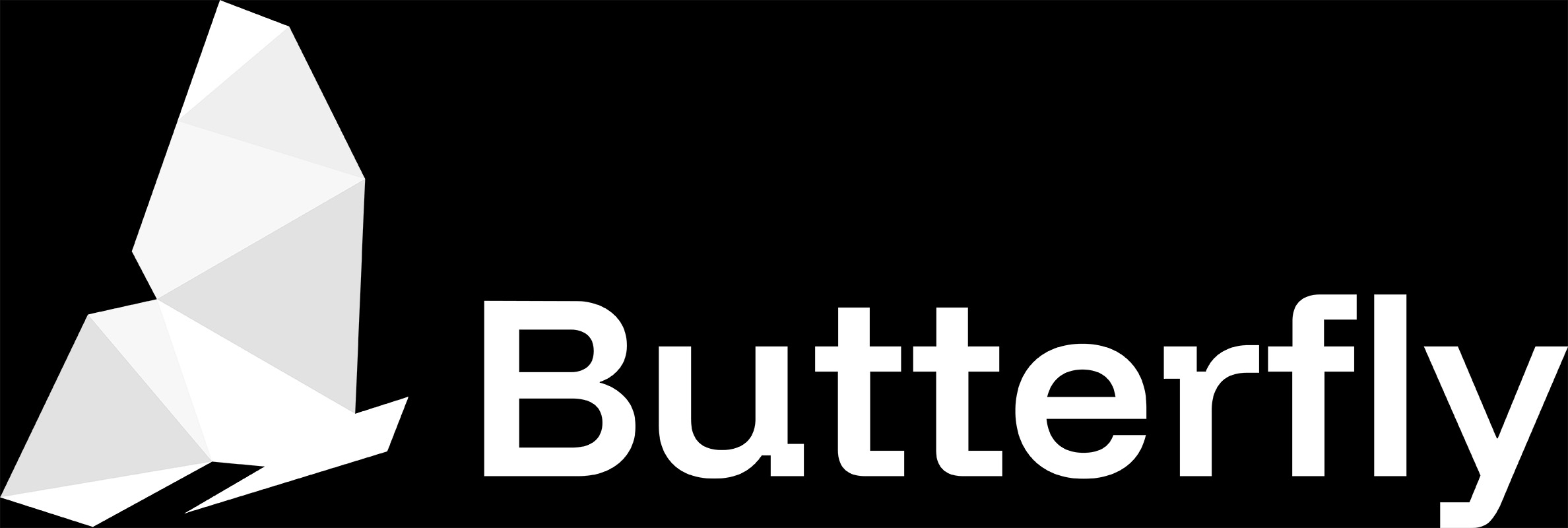 The full logo of the Butterfly Project in its white version. Includes the logo mark on the left: an origami-style graphic of a butterfly in white. The butterfly is facing to the right. From the right, the logo includes the logotype: the word Butterfly in the first capital letter, in white.