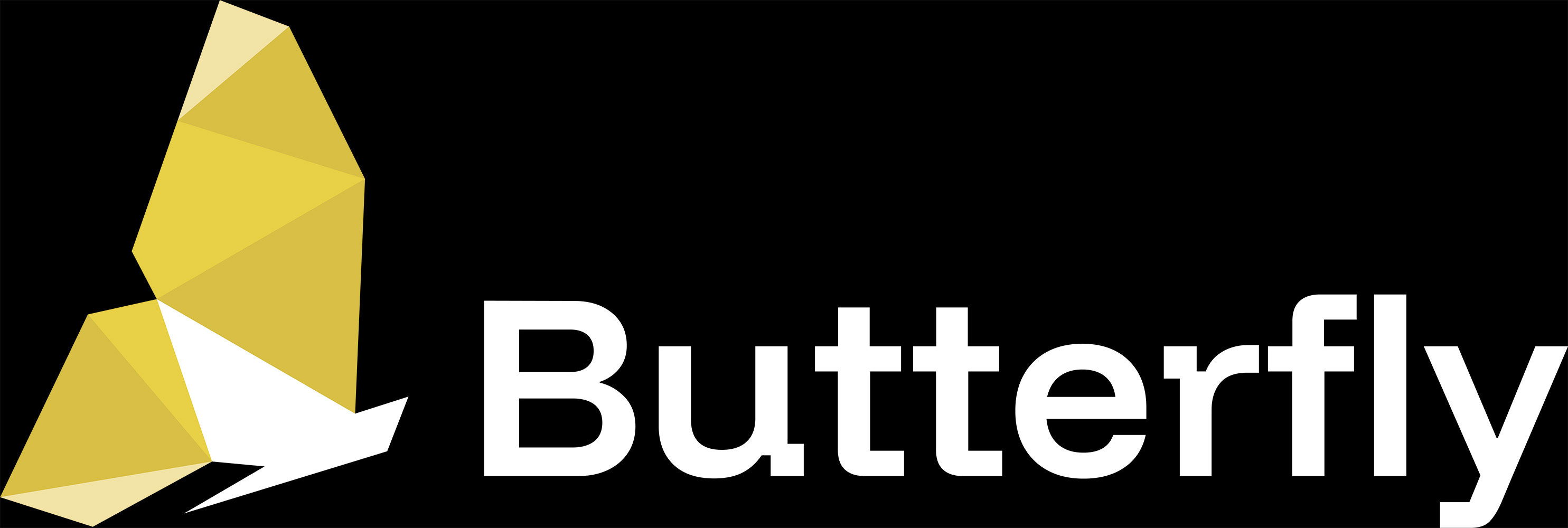 The full logo of the Butterfly Project in its white-yellow colour version. Includes the logo mark on the left: an origami-style graphic of a butterfly with dark yellow wings and a white body. The butterfly is facing to the right. From the right, the logo includes the logotype: the word Butterfly in the first capital letter, in white.